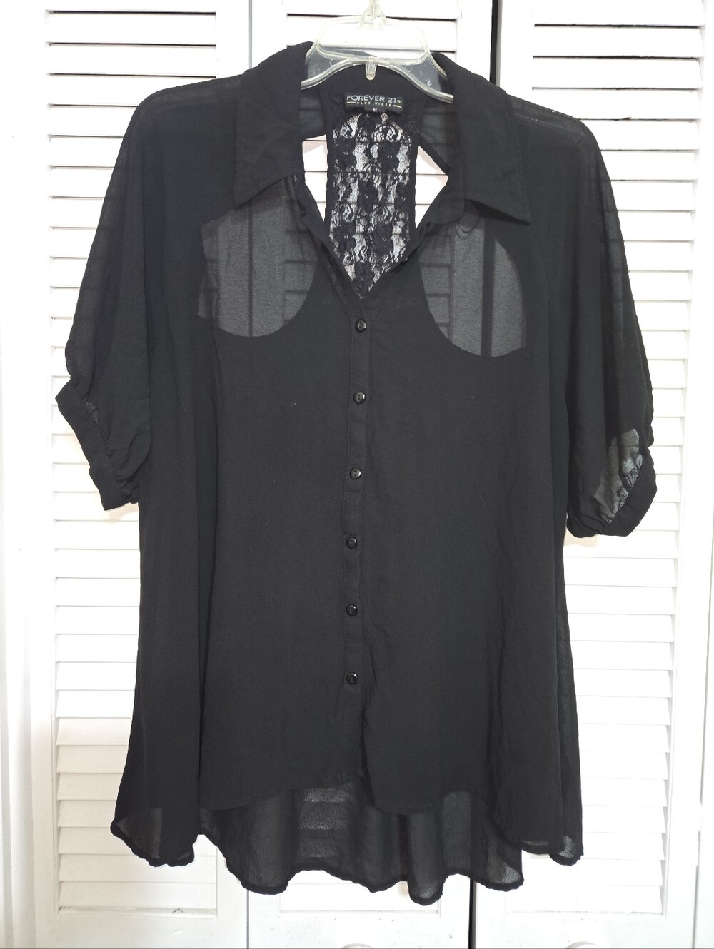 Forever 21 Plus Women's 1X Black Sheer Short-Sleeve Button-Down with Lace Back